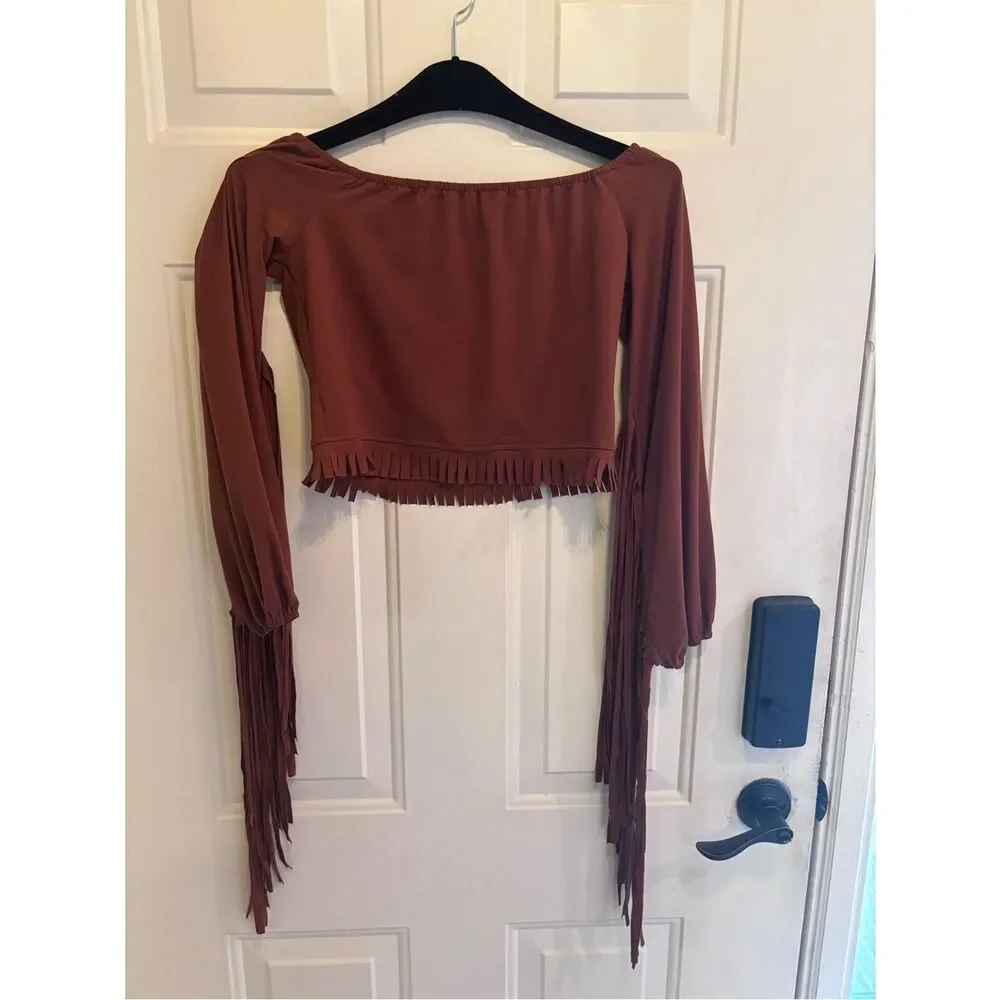 Anthropologie Rust Brown Off-Shoulder Fringe Bell-Sleeve Crop Top